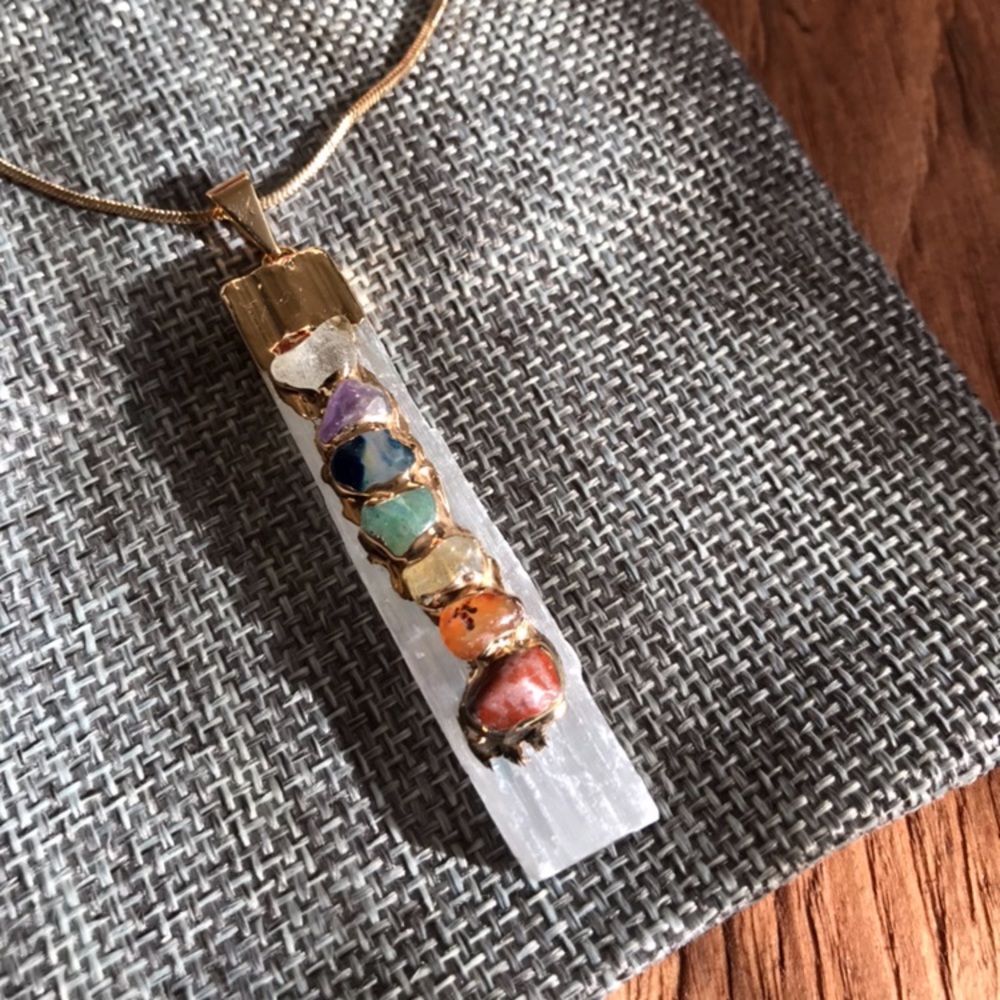 Rainbow Gold Dipped Chakra Selenite Stone Pendant Boho Zen